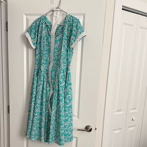 Turquoise and White Floral Pleated Flare Dress